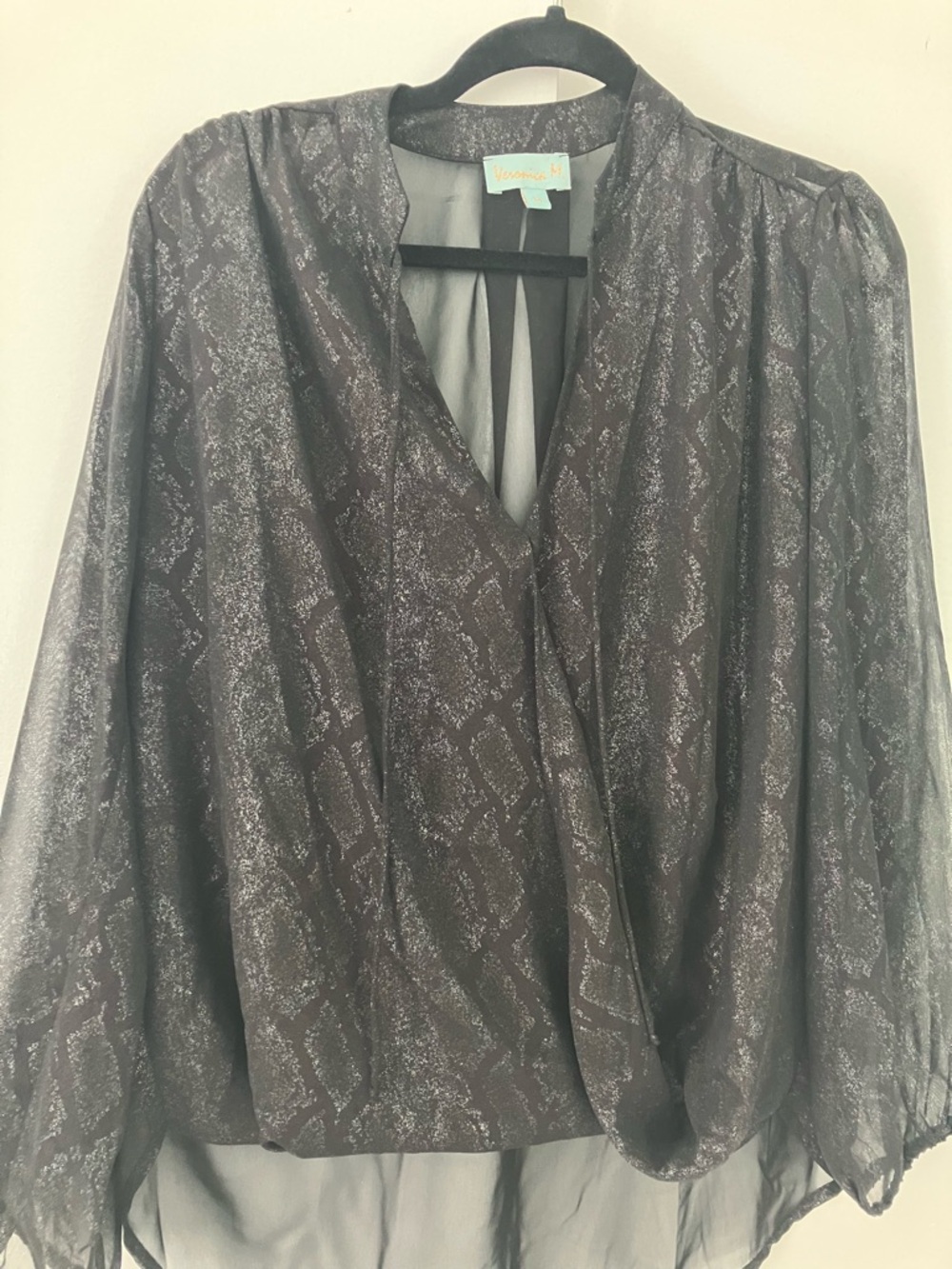 Veronica M Metallic Black Sheer V-Neck Blouse